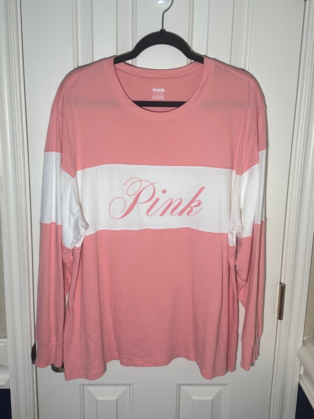 PINK Victoria's Secret Women’s Pink and White Colorblock Long-Sleeve Tee Size XL